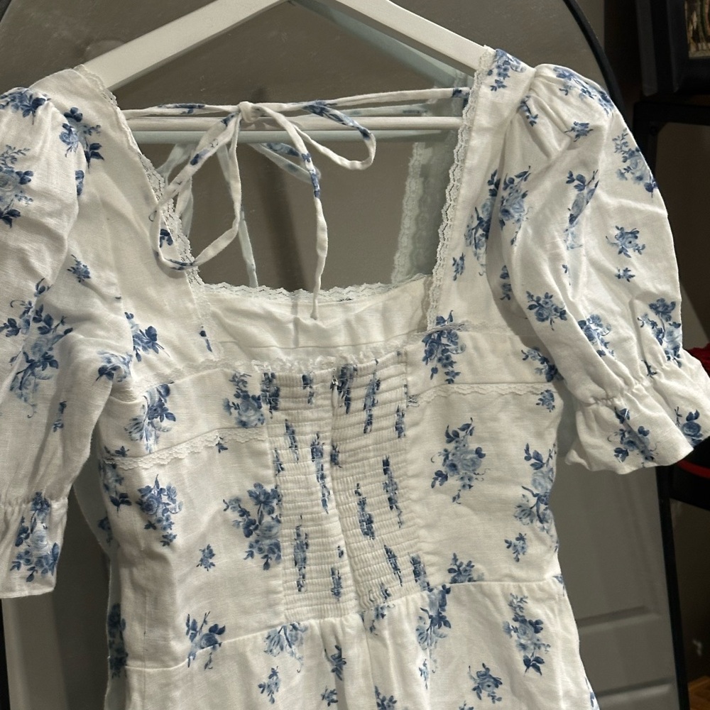 Reformation Evianna Linen Dress White and Blue Floral Mini Dress - Picture 8 of 9